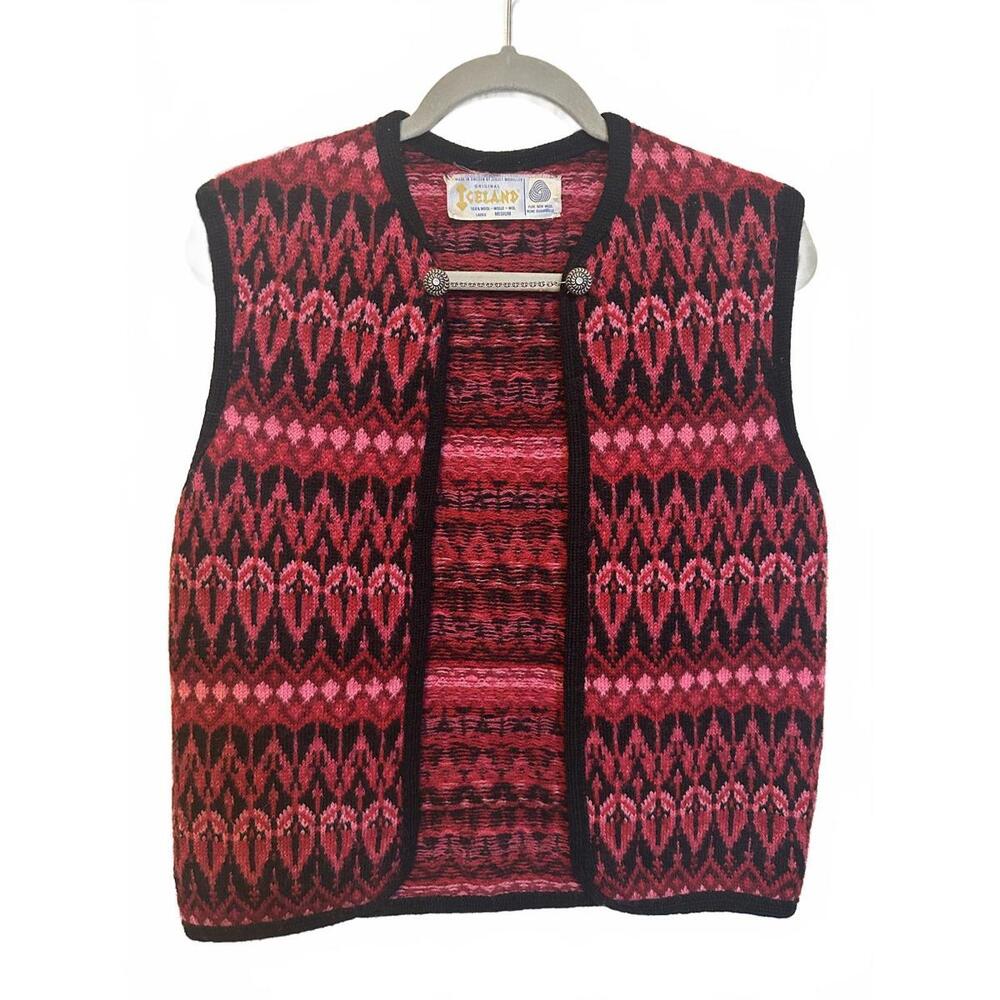 Vintage "Iceland From Jersey Modeller of Sweden" Wool Vest Nordic Red Pattern  M